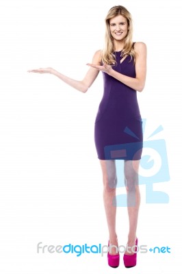 Sales Girl Presenting Something Stock Photo