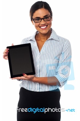 Sales Representative Displaying Tablet Pc For Sale Stock Photo