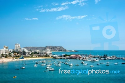 Salinas Beach With Apartment Buildings And Yacht Club In Ecuador… Stock Photo