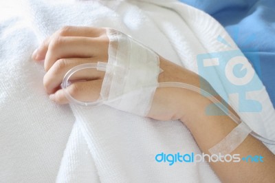 Saline Intravenous Left Hand Of Patient Hospital Stock Photo