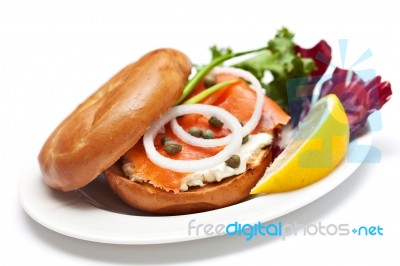 Salmon Bagel Sandwich Stock Photo