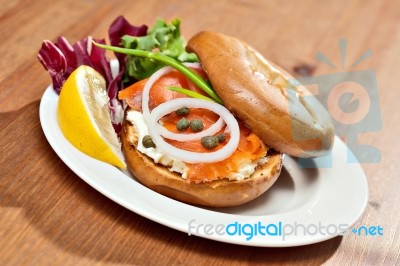 Salmon Bagel Sandwich Stock Photo