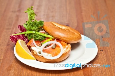 Salmon Bagel Sandwich Stock Photo