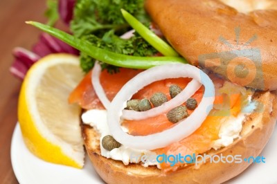 Salmon Bagel Sandwich Stock Photo