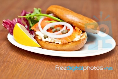 Salmon Bagel Sandwich Stock Photo