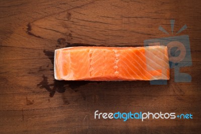 Salmon Fresh Steak Ingredient Still Life Wood Background Stock Photo