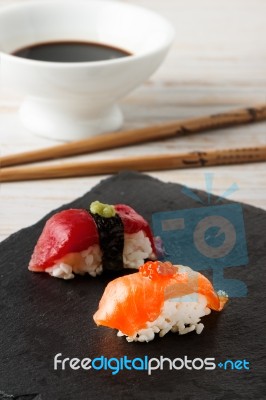 Salmon Nigiri With Salmon Roe Stock Photo