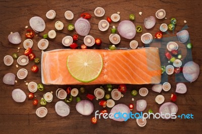 Salmon Steak Spicy Food Salad Ingredient Rustic Still Life Stock Photo