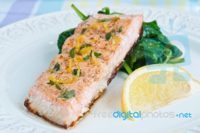 Salmon With Spinach Stock Photo