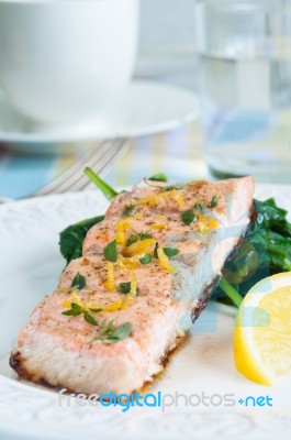 Salmon With Spinach Stock Photo