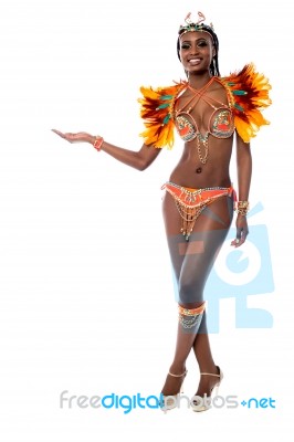 Samba Dancer Presenting, Copy Space Concept Stock Photo