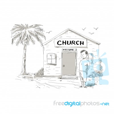 Samoan Boy Stand By Church Cartoon Stock Image