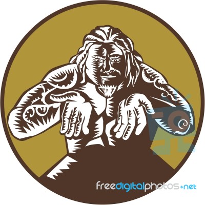 Samoan God Tagaloa Arms Out Circle Woodcut Stock Image