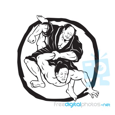 Samurai Jiu Jitsu Judo Fighting Drawing Stock Image