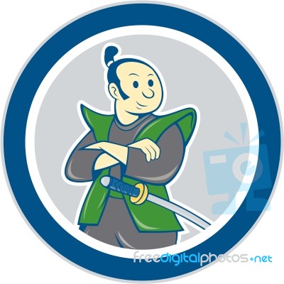 Samurai Warrior Arms Folded Circle Cartoon Stock Image