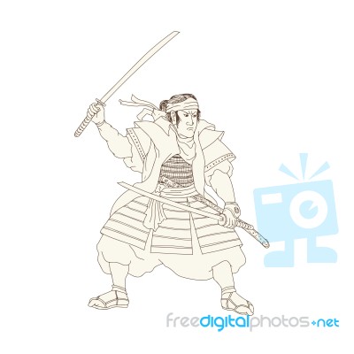 Samurai Warrior Katana Fight Stance Woodblock Stock Image