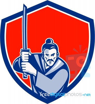 Samurai Warrior Katana Sword Shield Retro Stock Image