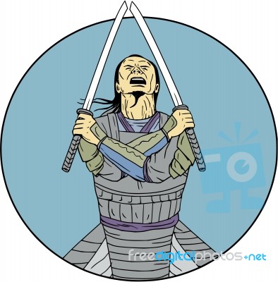 Samurai Warrior Two Swords Looking Up Circle Drawing Stock Image
