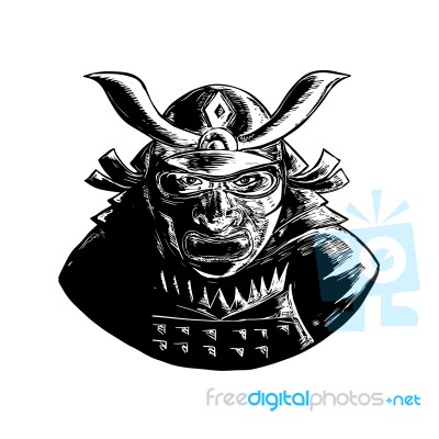 Samurai Warrior Wearing Mempo Woodcut Stock Image