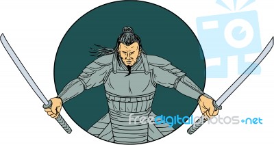 Samurai Warrior Wielding Two Swords Oval Drawing Stock Image