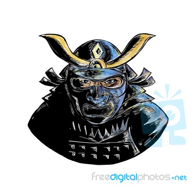 Samurai Wearing Armor Mask Mempo Woodcut Stock Image