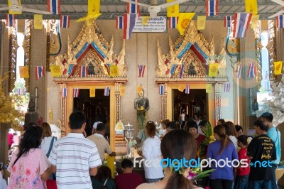 Samutprakarn, Thailand - July 19: Thai Buddhist Decorate Temple With Thailand Flag And Yellow Buddhism Symbol Flag To Celebrating On Asalha Puja Day Or Asalha Bucha Day Before Khao Phansa Day Stock Photo