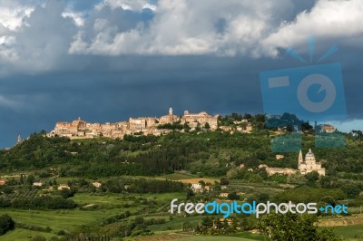 San Biagio Church And Montepulciano Tuscany Stock Photo