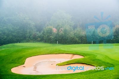 Sand Bunker On Golf Course Stock Photo