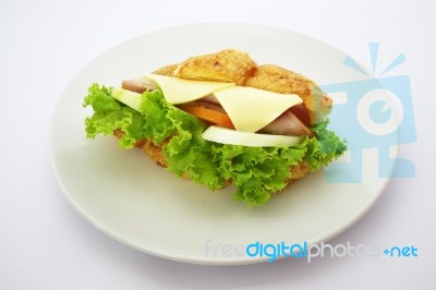 Sandwiches With Ham, Cheese, Tomatoes , Breakfast Stock Photo