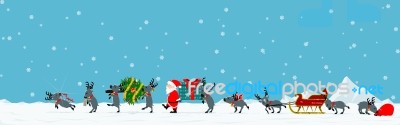 Santa And His Reindeer Are Walking Among Falling Snow Stock Image