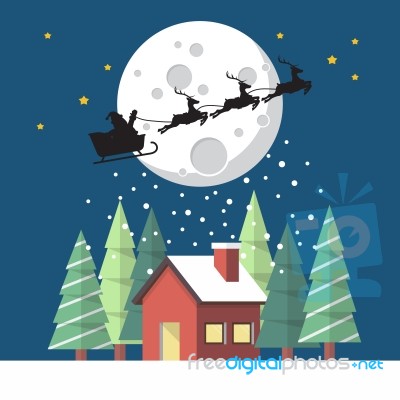 Santa Claus And His Reindeer Sleigh In Silhouette Against Moon W… Stock Image