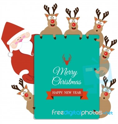 Santa Claus And Reindeer Present Christmas Card Stock Image