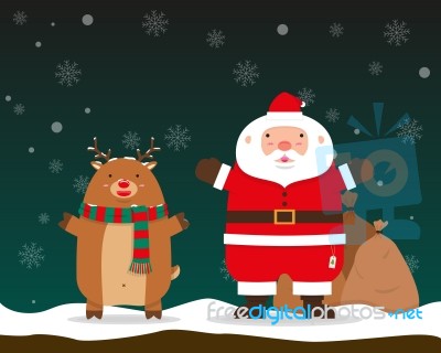 Santa Claus And Reindeer Raise Hands Standing Stock Image