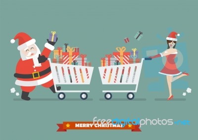 Santa Claus And Santa Woman Are Purchasing A Piles Of Presents Stock Image