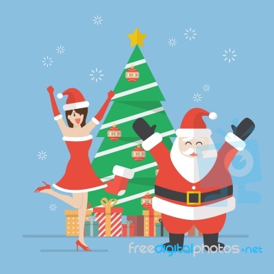 Santa Claus And Santa Woman With Christmas Tree Stock Image