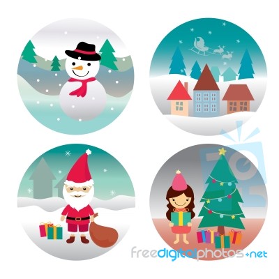 Santa Claus Girl Snowman And Home Stock Image