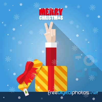 Santa Claus Hand Victory Sign From Gift Box Stock Image