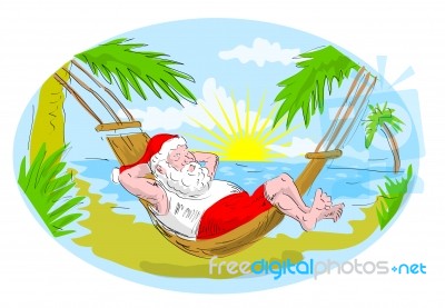 Santa Claus In Hammock Relaxing In Tropical Beach Stock Image