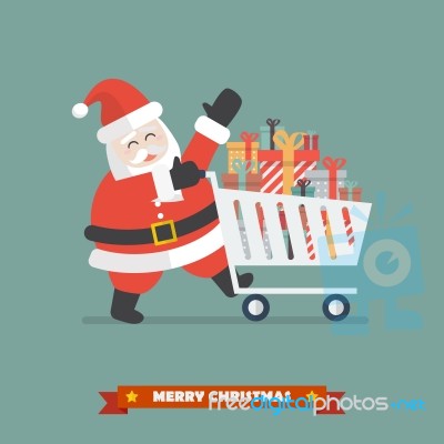 Santa Claus Push A Shopping Cart With Piles Of Presents Stock Image