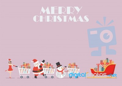 Santa Claus Santa Girl And Snowman Push A Shopping Cart To Sleig… Stock Image