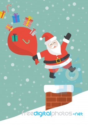 Santa Claus With Red Big Bag Jumping In The Chimney Stock Image