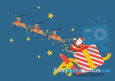 Santa Claus With Reindeer Sleigh Flying Out Of The Gift Box Stock Image