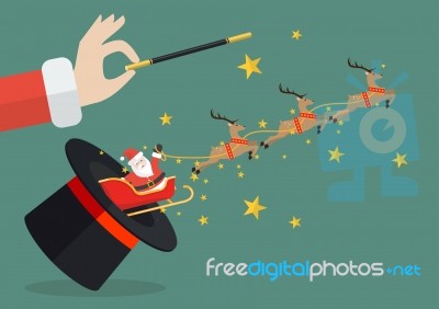 Santa Claus With Reindeer Sleigh Flying Out Of The Magic Hat Stock Image