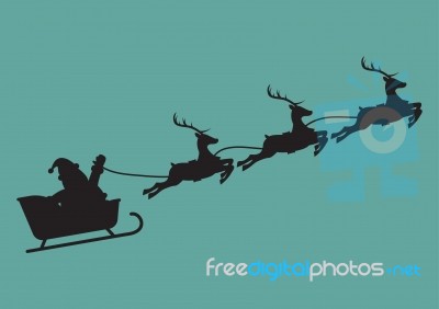 Santa Claus With Reindeer Sleigh In Silhouette Stock Image