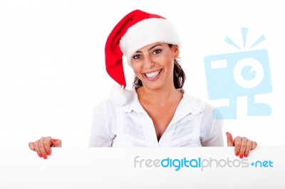 Santa Girl Behind White Board Stock Photo