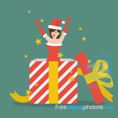 Santa Girl Out Of Big Gift Box Stock Image