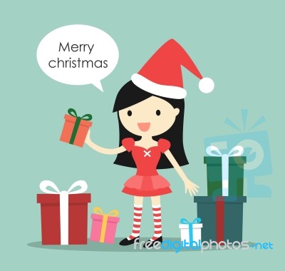 Santa Girl With A Lot Of Gift Boxes And Saying 'merry Christmas'… Stock Image