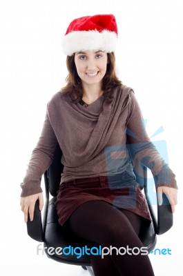 Santa Hat Female Sitting Stock Photo