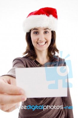  Santa Hat Woman Holding Card Stock Photo