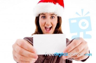 Santa Hat Woman Holding Card Stock Photo